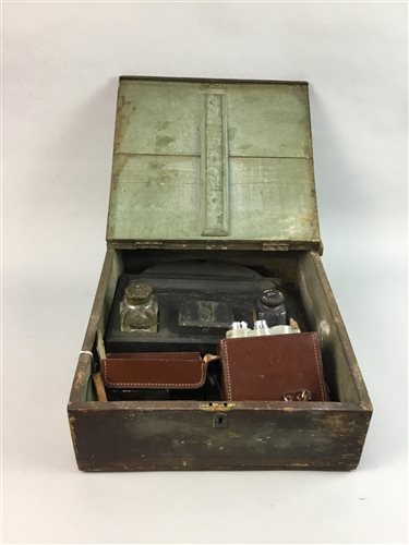 Lot 33 - A SLATE INKWELL, A MANTEL CLOCK AND THREE CAMERAS