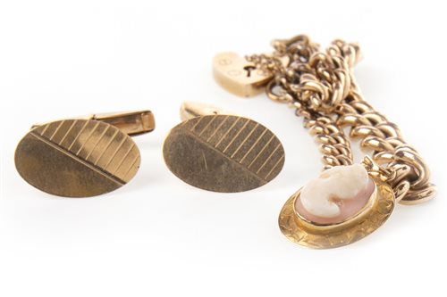 Lot 54 - A PAIR OF NINE CARAT GOLD CUFF LINKS, BRACELET AND PENDANT
