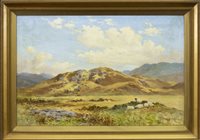 Lot 302 - HILLY LANDSCAPE WITH GROUP OF SHEEP TO THE FORE, AN OIL BY REV WILLIAM DICKIE