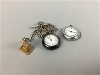 Lot 236 - A FOB WATCH ON A SILVER ALBERT CHAIN, ANOTHER FOB AND A SILVER WRIST WATCH