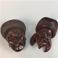 Lot 270 - A LOT OF TWO CARVED WOODEN WALL MASKS AND OTHER CARVED FIGURES