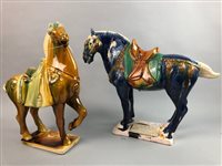 Lot 282 - A LOT OF TWO LARGE CERAMIC HORSES WITH THREE FIGURES