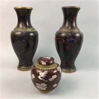 Lot 309 - A PAIR OF CLOISONNÉ VASES AND A CLOISONNÉ GINGER JAR
