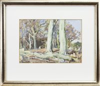 Lot 498 - FIGURE SEATED IN A WOOD, A WATERCOLOUR BY DAVID FOGGIE