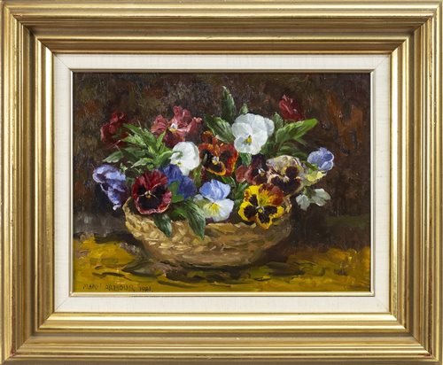 Lot 505 - PANSIES IN A BASKET, AN OIL BY MARY ARMOUR