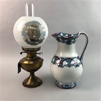 Lot 460 - A PARAFFIN LAMP WITH A VICTORIAN JUG