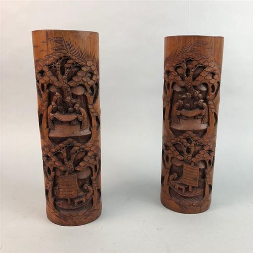 Lot 98 - A PAIR OF CARVED BAMBOO BRUSH POTS