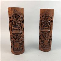 Lot 98 - A PAIR OF CARVED BAMBOO BRUSH POTS