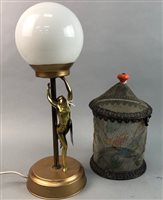Lot 477 - A REPRODUCTION BRASS TABLE LAMP AND A MESH BIRD CAGE