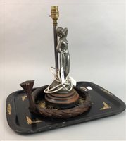 Lot 484 - AN ART DECO TABLE LAMP, JAPANESE TRAY AND MODEL SNAKE