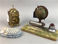 Lot 489 - A BRASS LANTERN CLOCK, ONYX INKWELL ETC
