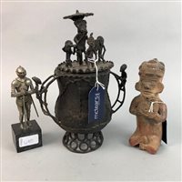 Lot 490 - AN AFRICAN METAL VASE AND COVER AND OTHER FIGURES