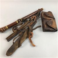 Lot 492 - A LEATHER BELT POUCH, VINTAGE ICE SKATES, A CHANTER
