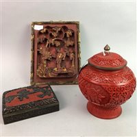 Lot 504 - A CHINESE LIDDED VASE, A WOODEN BOX AND A CARVED PANEL