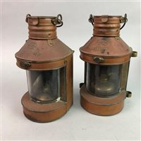 Lot 508 - TWO COPPER SHIPS LANTERNS AND THREE HORNS