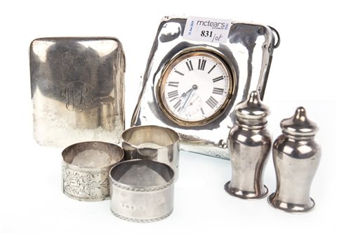 Lot 831 - A SILVER TRAVELLING TIMEPIECE AND OTHER SILVER ITEMS