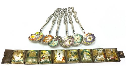 Lot 844 - A SET OF SIX CHINESE SILVER TEASPOONS AND A PERSIAN BRACELET
