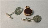 Lot 12 - AN OPAL RING WITH COIN FOB AND A PAIR OF CUFFLINKS