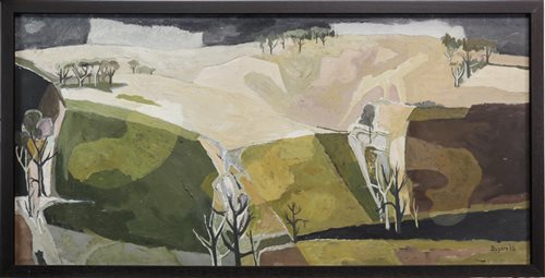 Lot 527 - FIELDS AND TREES, ABERDEENSHIRE, AN OIL BY DONALD MORRISON BUYERS