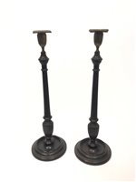 Lot 1020 - A PAIR OF MAHOGANY CANDLESTICKS OF GEORGE III DESIGN