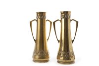 Lot 943 - A PAIR OF WMF ART NOUVEAU BRASS TWIN HANDLED VASES