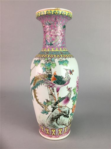 Lot 133 - A FAMILLE ROSE VASE WITH A CHINESE TEAPOT AND COPELAND VASE
