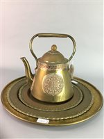 Lot 136 - CHINESE COPPER AND BRASS KETTLE WITH BRASS AND COPPER TRAYS