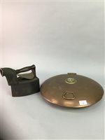 Lot 145 - LARGE COPPER BED WARMING PAN WITH A BOX IRON