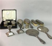 Lot 148 - A PAIR OF SILVER TABLE CANDLESTICKS WITH A SILVER VANITY SET AND A SILVER NAPKIN RING