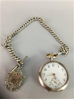 Lot 2 - A SILVER POCKET WATCH ON SILVER ALBERT CHAIN AND SILVER FOB