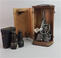 Lot 239 - A PAIR OF FIELD GLASSES, A FISHING ROD AND A MICROSCOPE