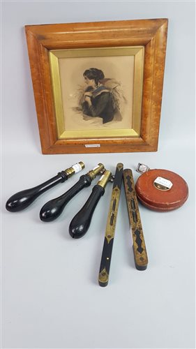 Lot 282 - A LOT OF THREE 19TH CENTURY TURNED WOOD HANDLES WITH A CHURCHMAN'S MEASURE AND AN ENGRAVING