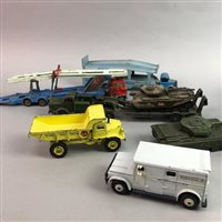 Lot 328 - TWO DINKY CAR TRANSPORTERS WITH THREE TANKS AND A TRANSPORTER