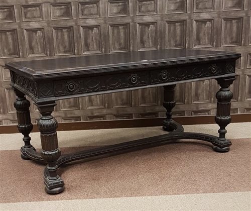Lot 1609 - A STAINED OAK REFECTORY TABLE OF ELIZABETHAN DESIGN