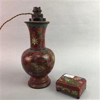 Lot 129 - A CHINESE CLOISONNE LAMP AND TRINKET BOX