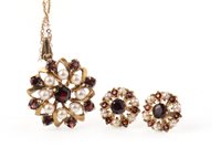 Lot 244 - A RED GEM AND PEARL SET PENDANT ON CHAIN WITH MATCHING EARRINGS