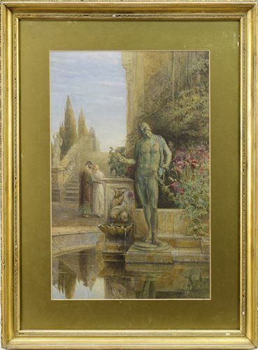 Lot 413 - ROMAN GARDEN WITH TWO FIGURES, A WATERCOLOUR BY JOHN FULLEYLOVE