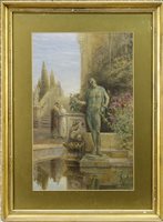 Lot 413 - ROMAN GARDEN WITH TWO FIGURES, A WATERCOLOUR BY JOHN FULLEYLOVE