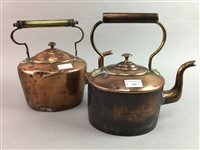 Lot 121 - A LOT OF TWO VICTORIAN COPPER KETTLES AND TWO BRASS PANS