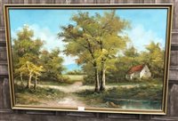 Lot 206 - AN OIL PAINTING OF A WOODED LANDSCAPE