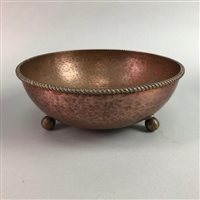 Lot 109 - AN ARTS & CRAFTS STYLE COPPER CIRCULAR BOWL AND OTHER CERAMICS