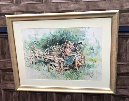 Lot 31 - A WATERCOLOUR OF GIRL PICKING FLOWERS BY GORDON KING