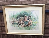 Lot 31 - A WATERCOLOUR OF GIRL PICKING FLOWERS BY GORDON KING