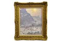 Lot 407 - A WINTER SUNSET, AN OIL BY LIONEL TOWNSEND CRAWSHAW