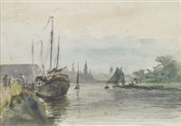 Lot 505 - A CONTINENTAL HARBOUR, A WATERCOLOUR BY ANDREW DOUGLAS