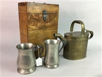 Lot 87 - A WOODEN WINE BOX, TWO BRASS WATERING CANS AND OTHER ITEMS