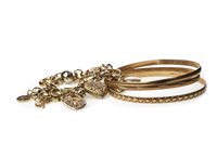 Lot 280 - THREE NINE CARAT GOLD BANGLES AND A GOLD PLATED BRACELET