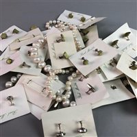 Lot 14 - A LARGE COLLECTION OF WHITE METAL AND MARBLE EARRINGS WITH TWO PEARL NECKLACES