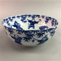 Lot 69 - A LOT OF THREE BLANC DE CHINE FIGURES AND A BLUE AND WHITE BOWL