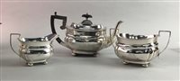 Lot 145 - A THREE PIECE SILVER PLATED TEA SERVICE WITH OTHER PLATED ITEMS